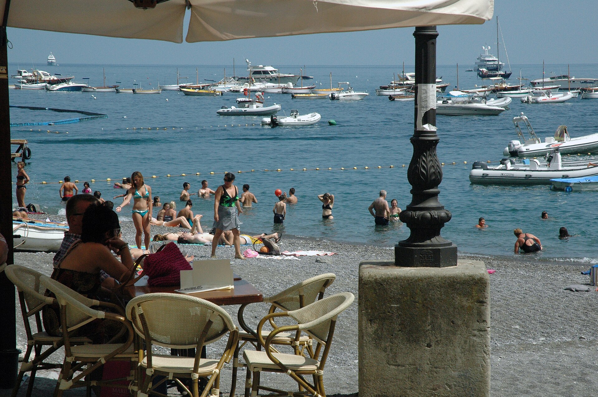 Amalfi Coast beaches: the famous Spiaggia Grande at Positano with the pastel village rising behind it