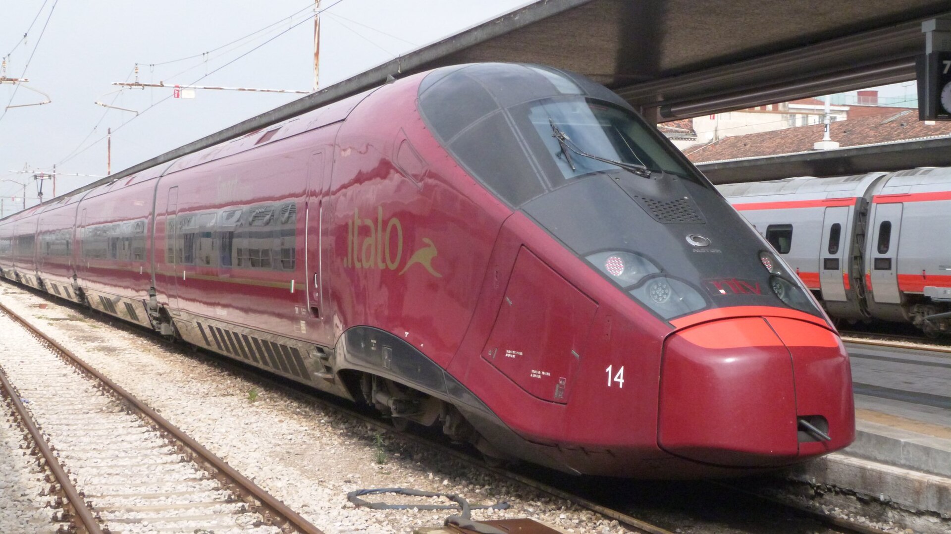 Italo train at Milan Centrale — the operator's AGV fleet serves around 50 cities on the high-speed network