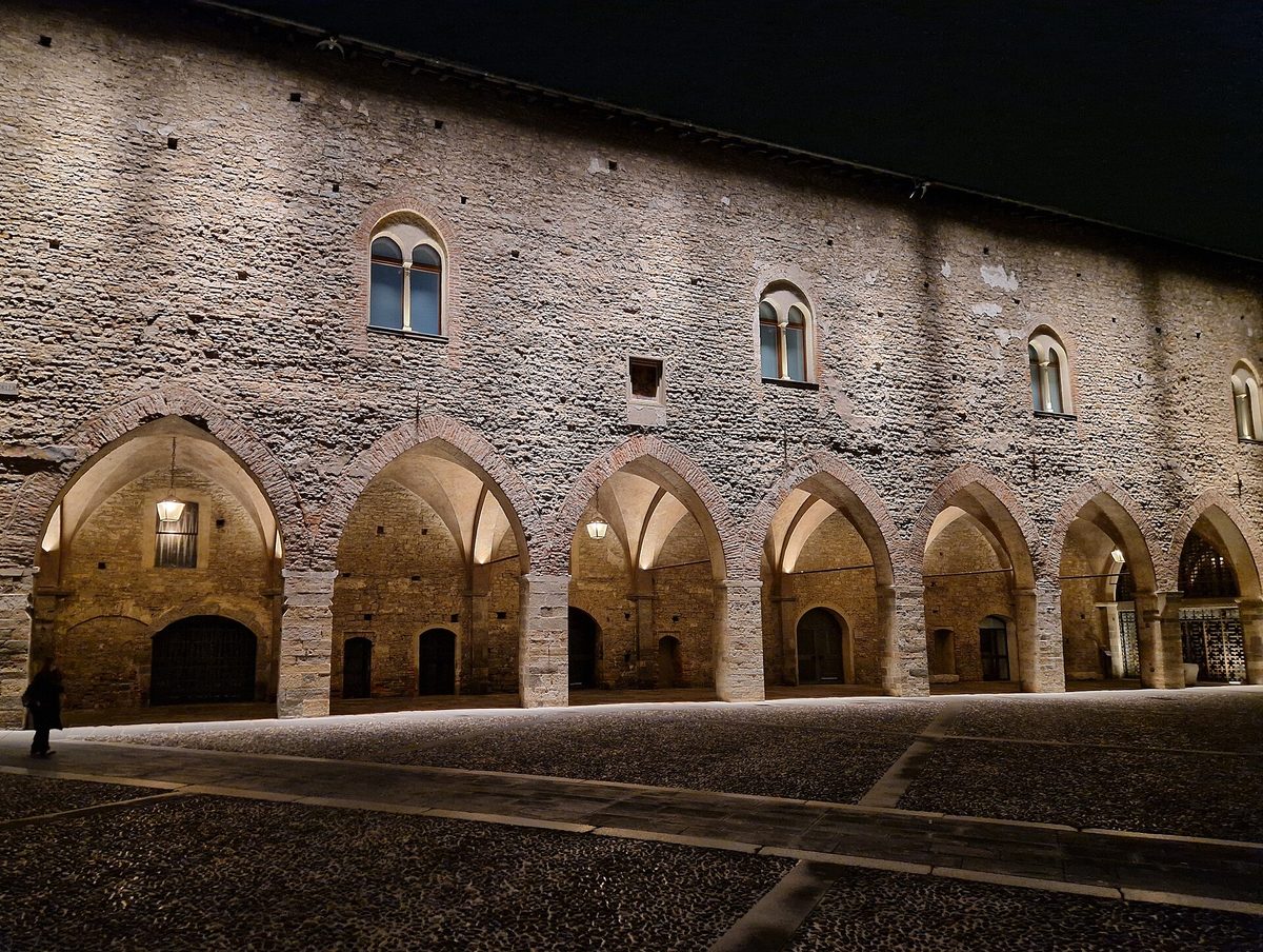 The arches of Palazzo della Ragione on Piazza Vecchia in Bergamo's Citta Alta